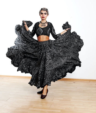 Block print assuit pattern choli silver black