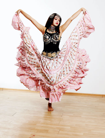 Block print skirt Pink embroidered with mirrors