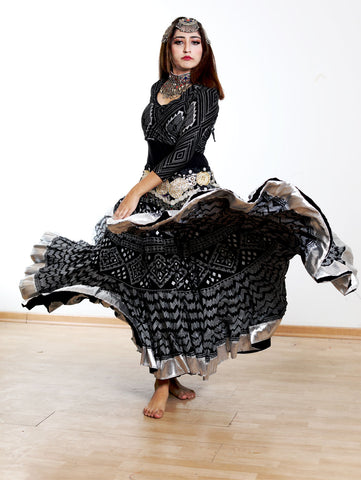 Block print Assuit pattern skirt black/silver with shiny silver border