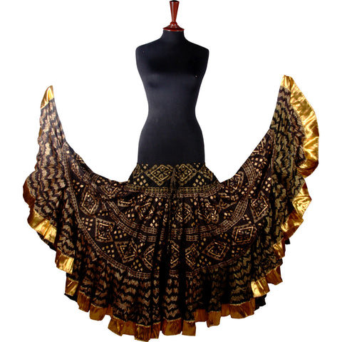 Block print Assuit pattern skirt black/gold with shiny gold border