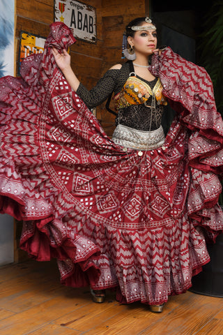 Block print assuit skirt burgundy/silver in polyester