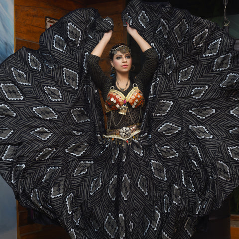 Block print Assuit pattern skirt black/silver Design#4