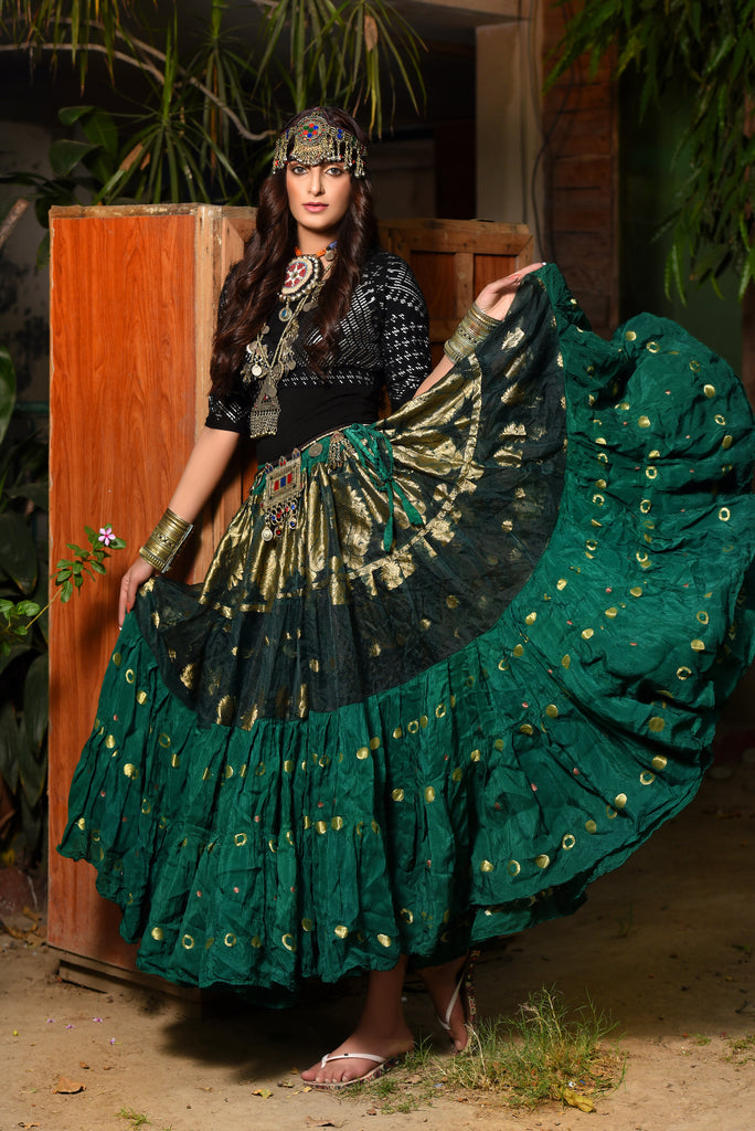 Green Lotus Sari Trim Skirt - Tribe Nawaar