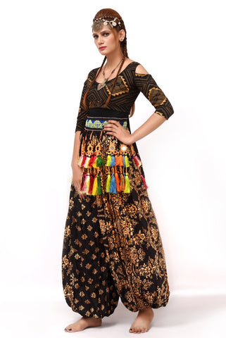 Block print assuit pattern drop shoulder choli black gold