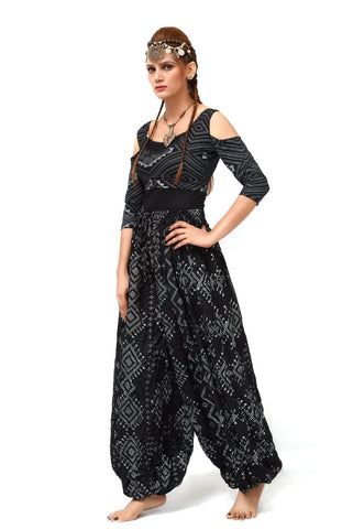 Block print assuit pattern drop shoulder choli silver black