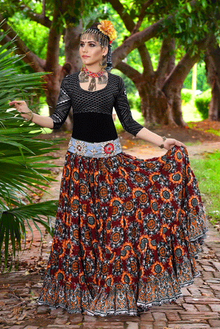 Block print skirt oriental sunset