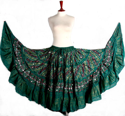 Block  Printed Skirt plus Embroidered With Mirror Green