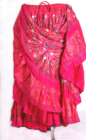 Block  Printed Skirt plus Embroidered With Mirror Pink