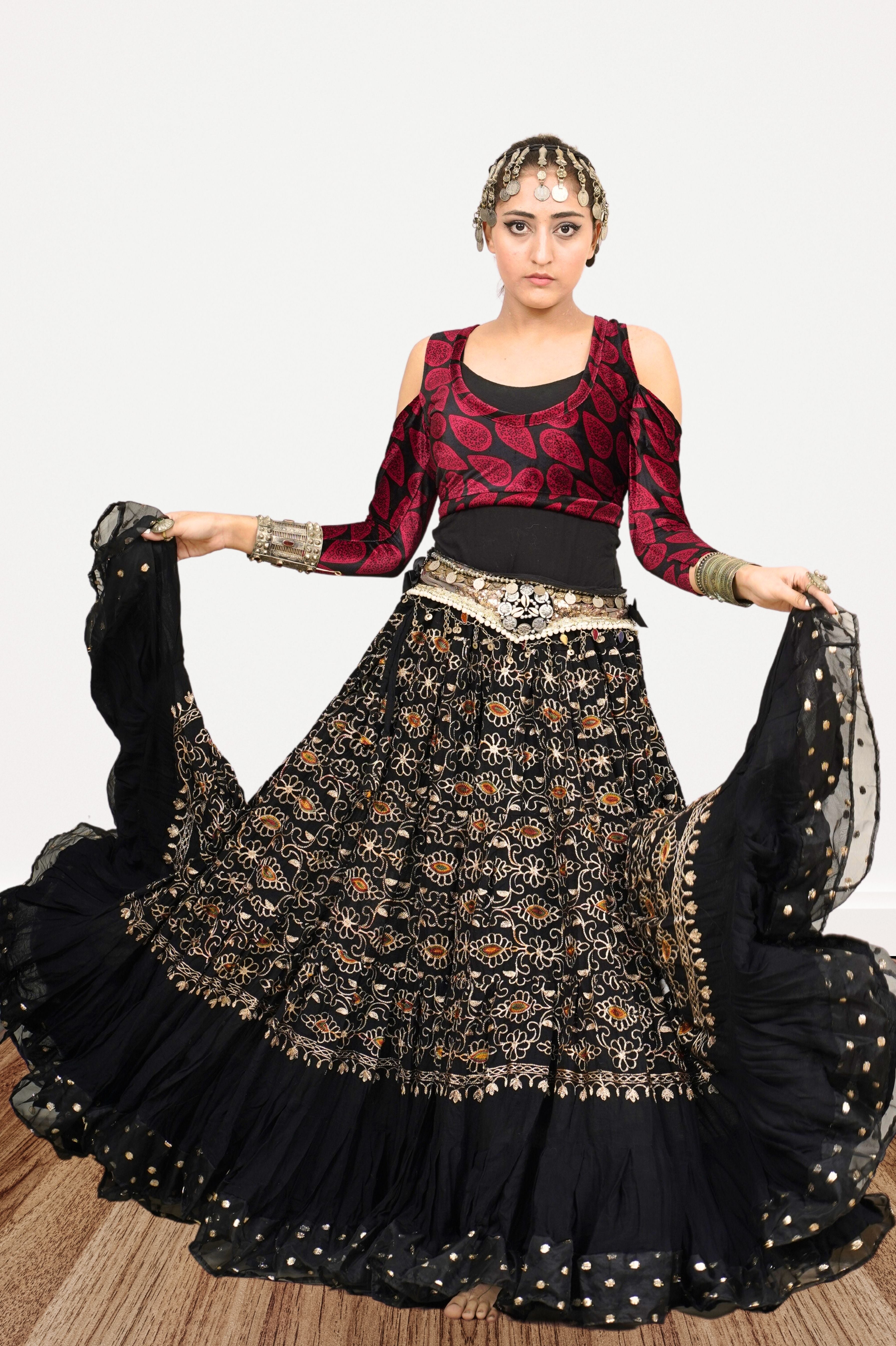 Black embroidery skirt with gold bindi border WLS
