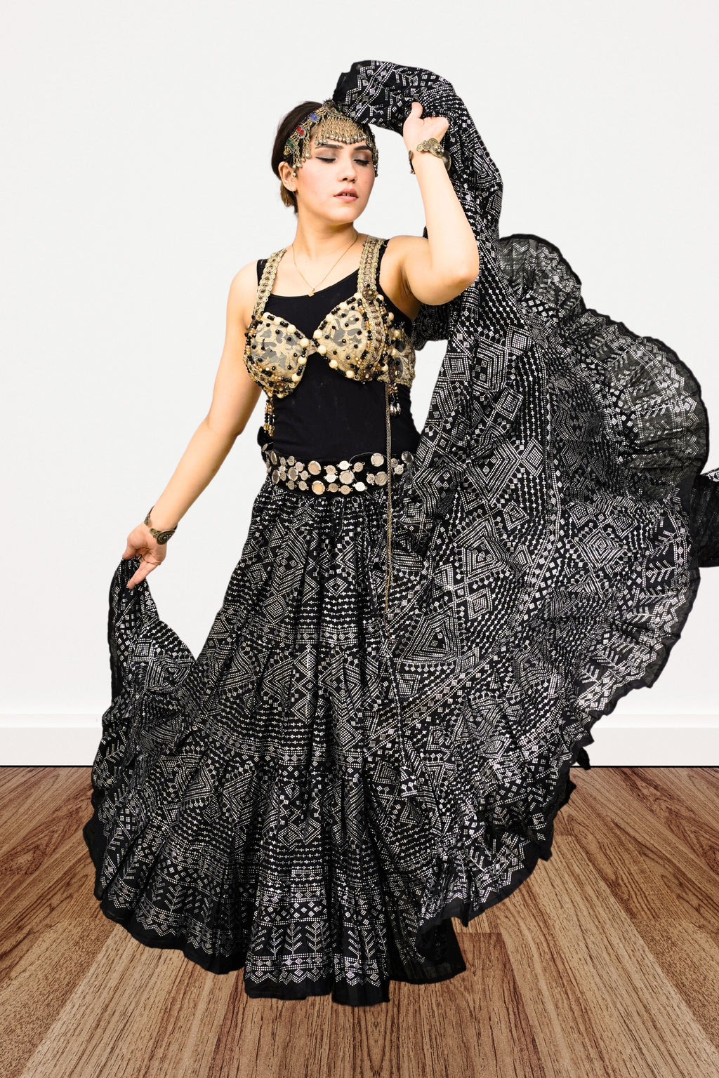 Block print Assuit pattern skirt black/silver foil printing WLS