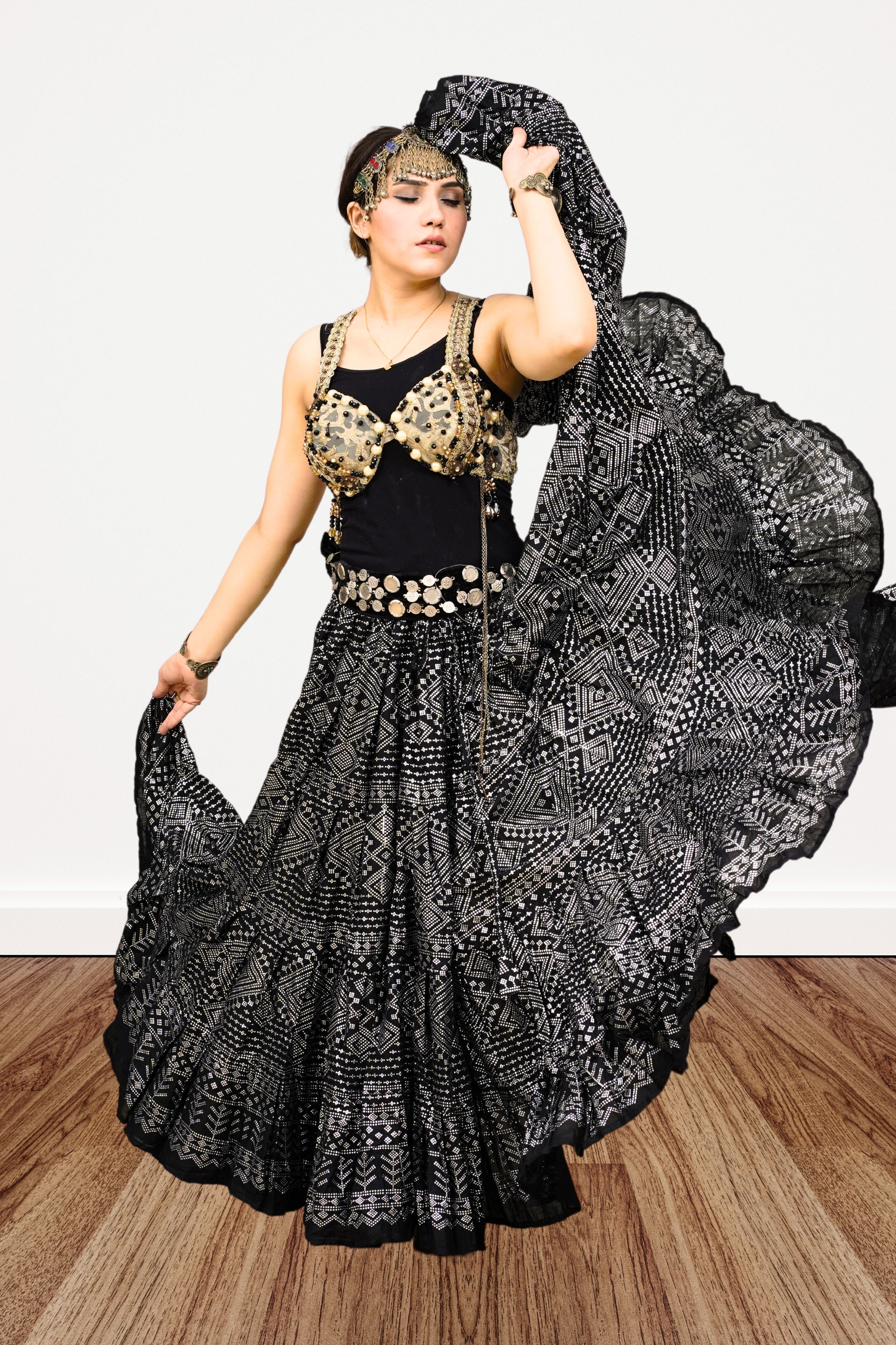 Block print Assuit pattern skirt black/silver foil printing WLS