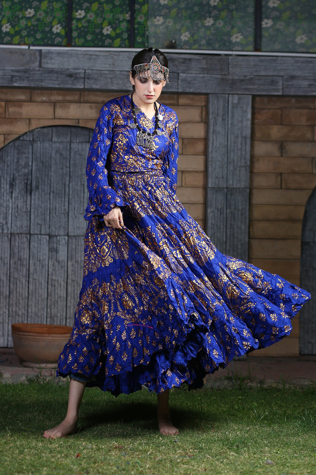 Block print skirt Royal Blue with Gold Design WLS