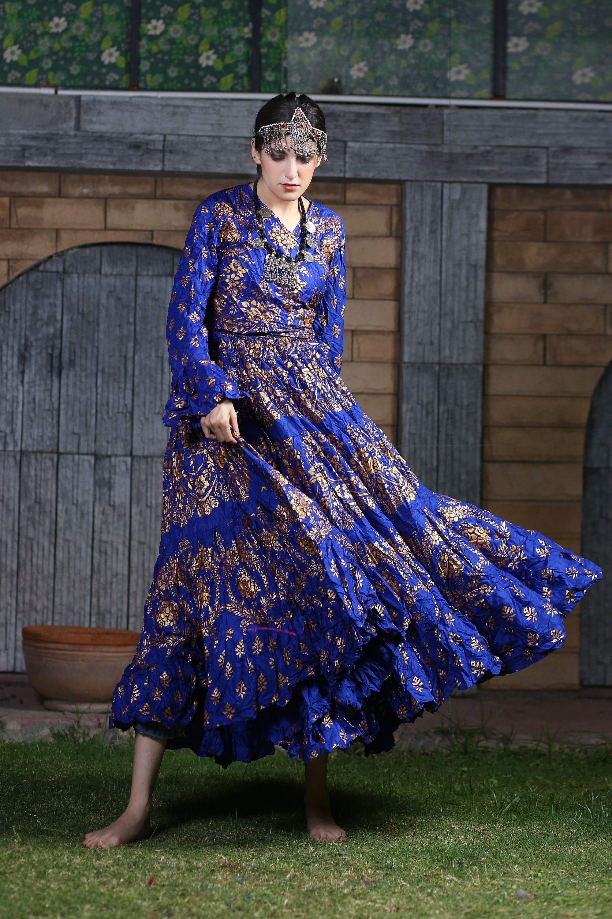 Block print skirt Royal Blue with Gold Design WLS
