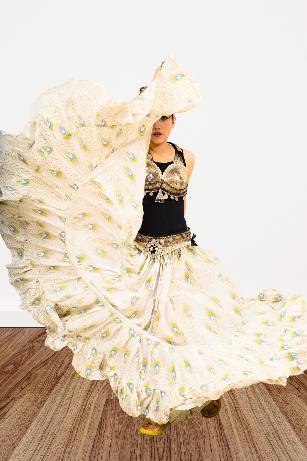 Block print peacock skirt ivory