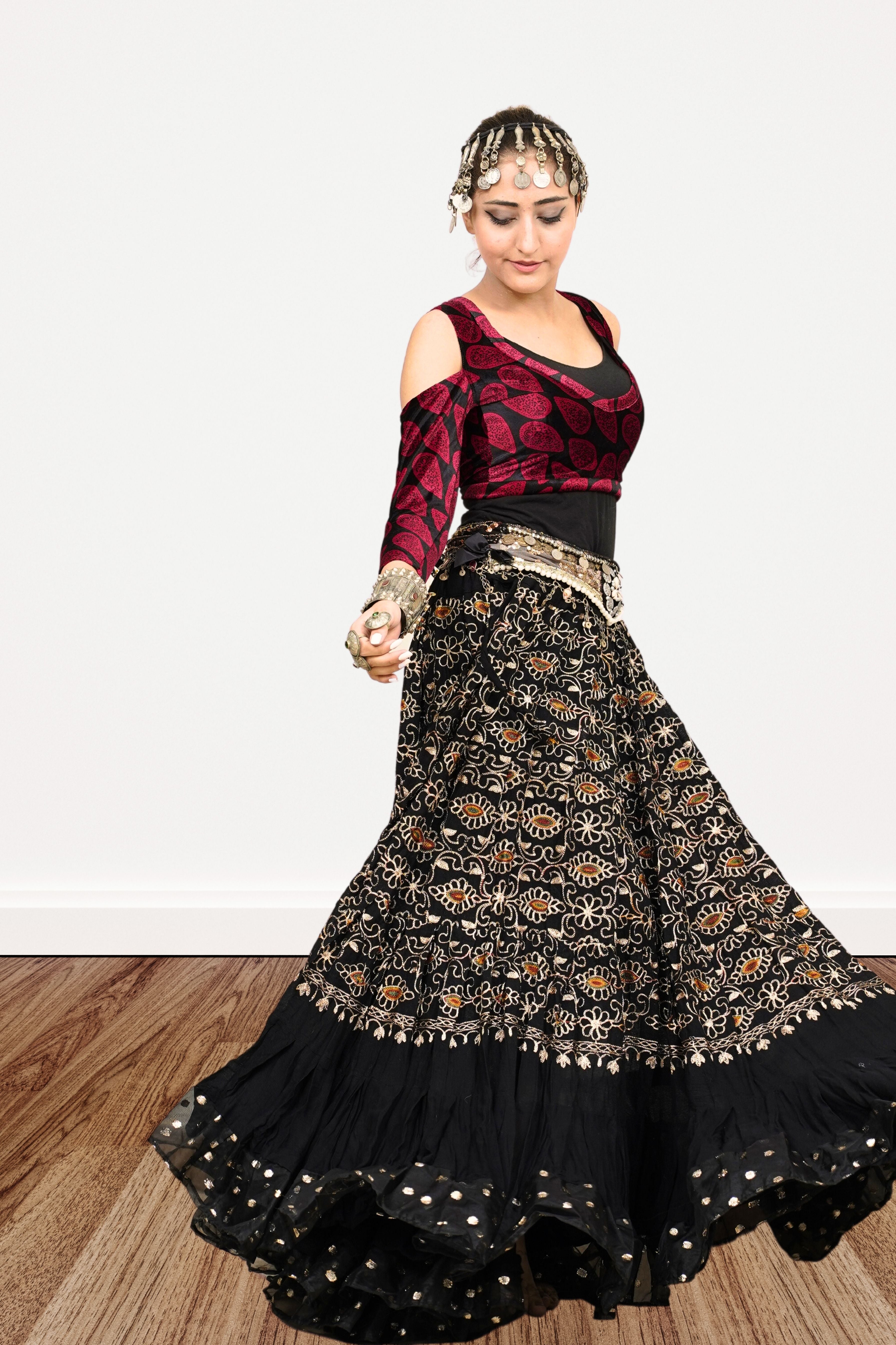 Black embroidery skirt with gold bindi border WLS