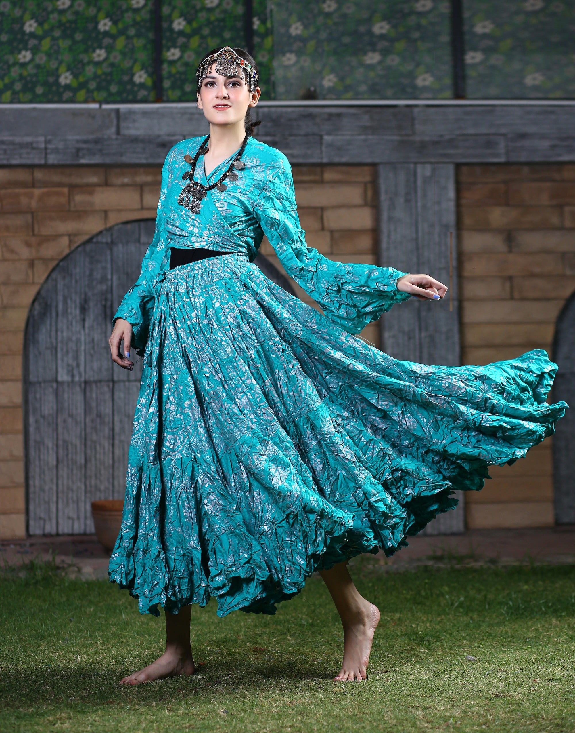 Block print skirt turqouise with Silver Design