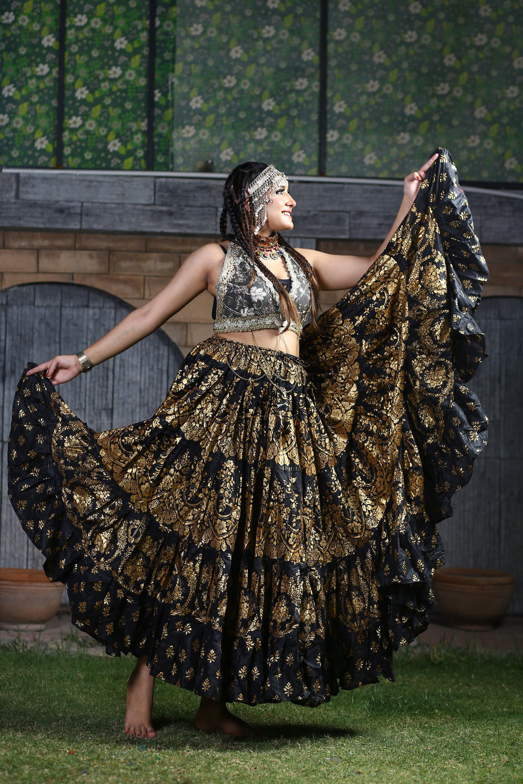 Block print Assuit pattern skirt Oriental Border Black/Gold WLS