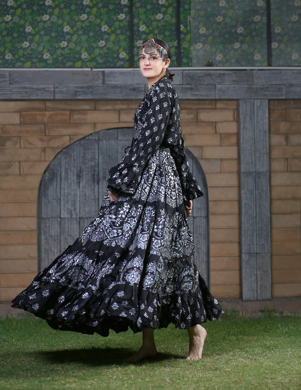 Block print skirt Oriental Border Black/White