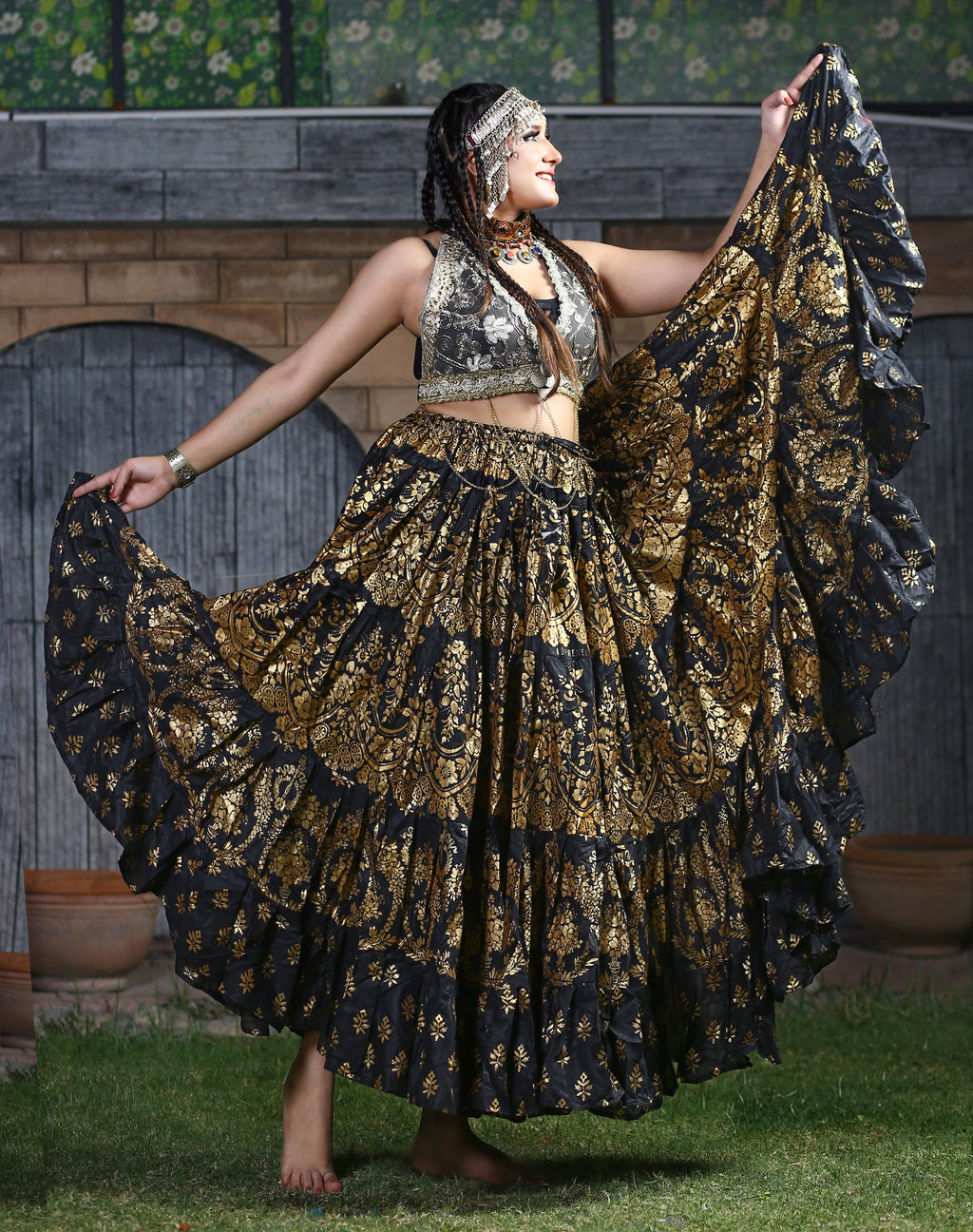 Block print skirt Oriental Border Black/Gold