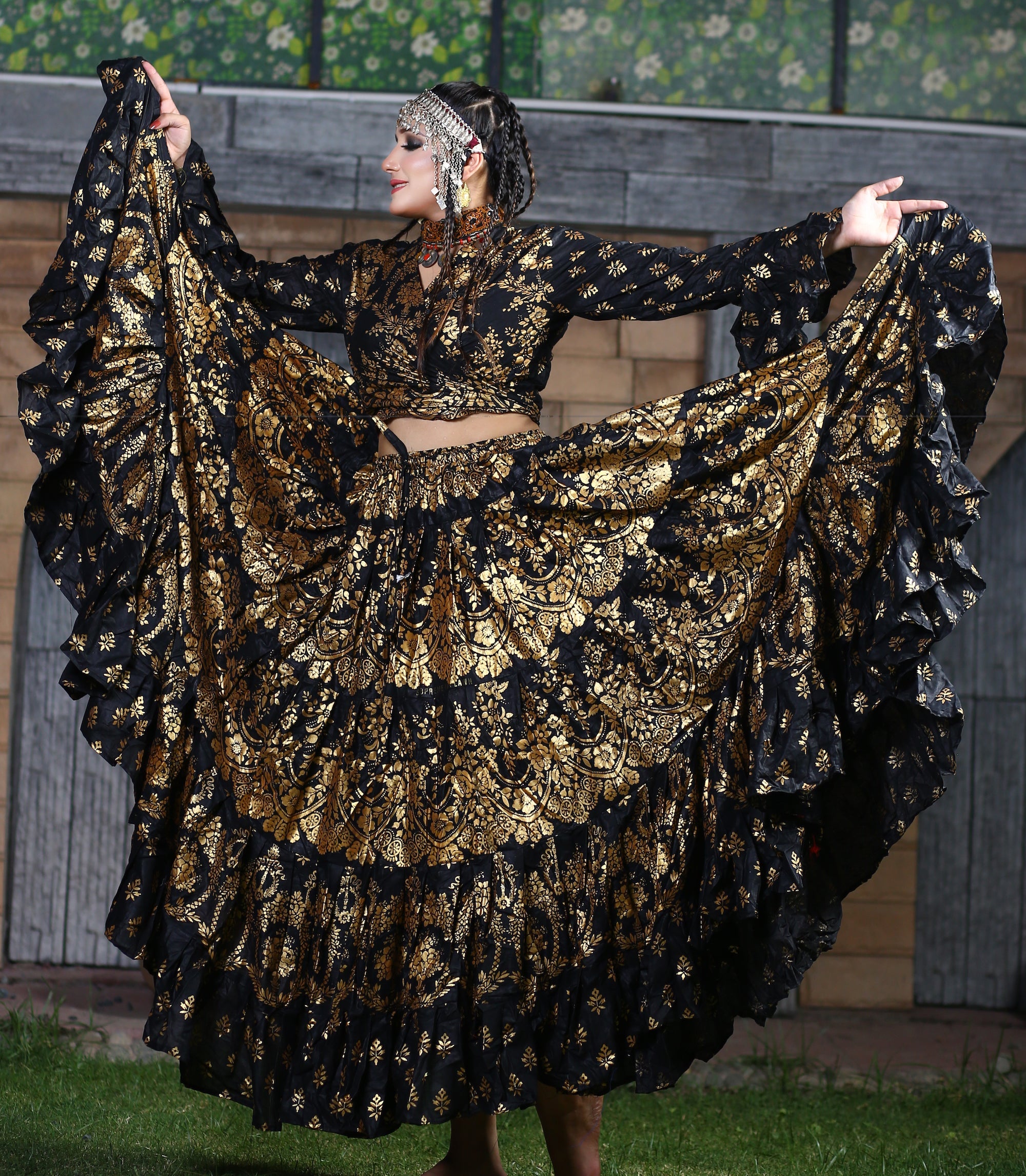Block print skirt Oriental Border Black/Gold