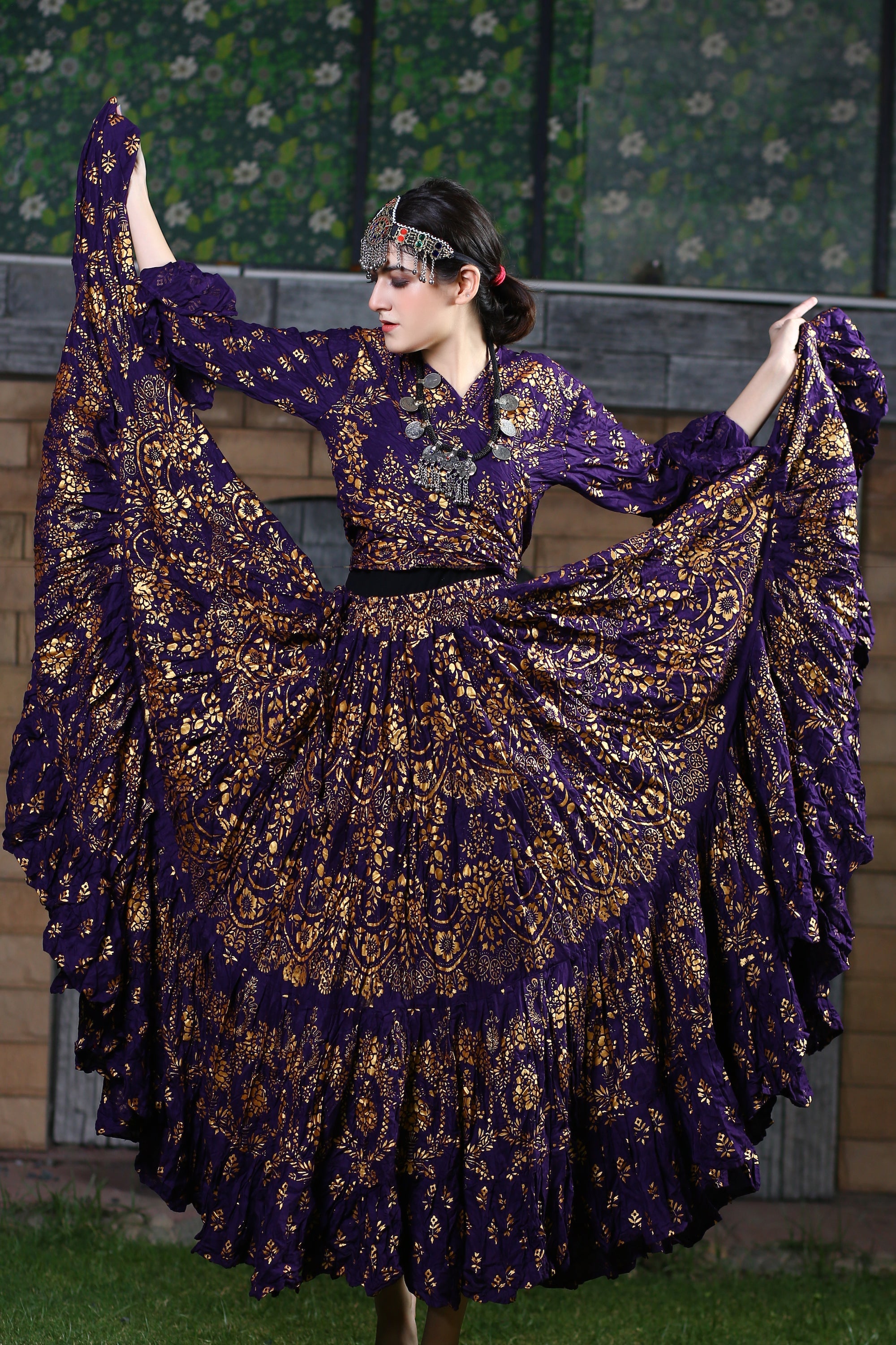 Block print Oriental Border Choli/halter top Purple/Gold