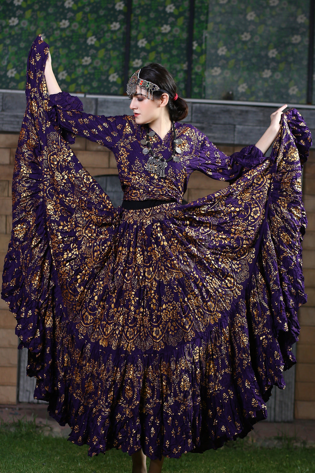 Block print Assuit pattern skirt Oriental Border Purple/Gold WLS