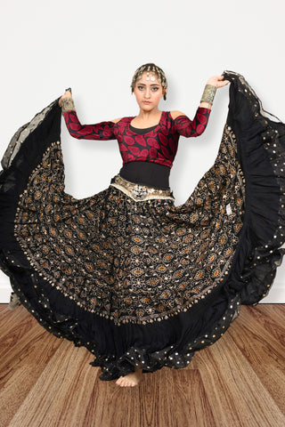 Black embroidery skirt with gold bindi border