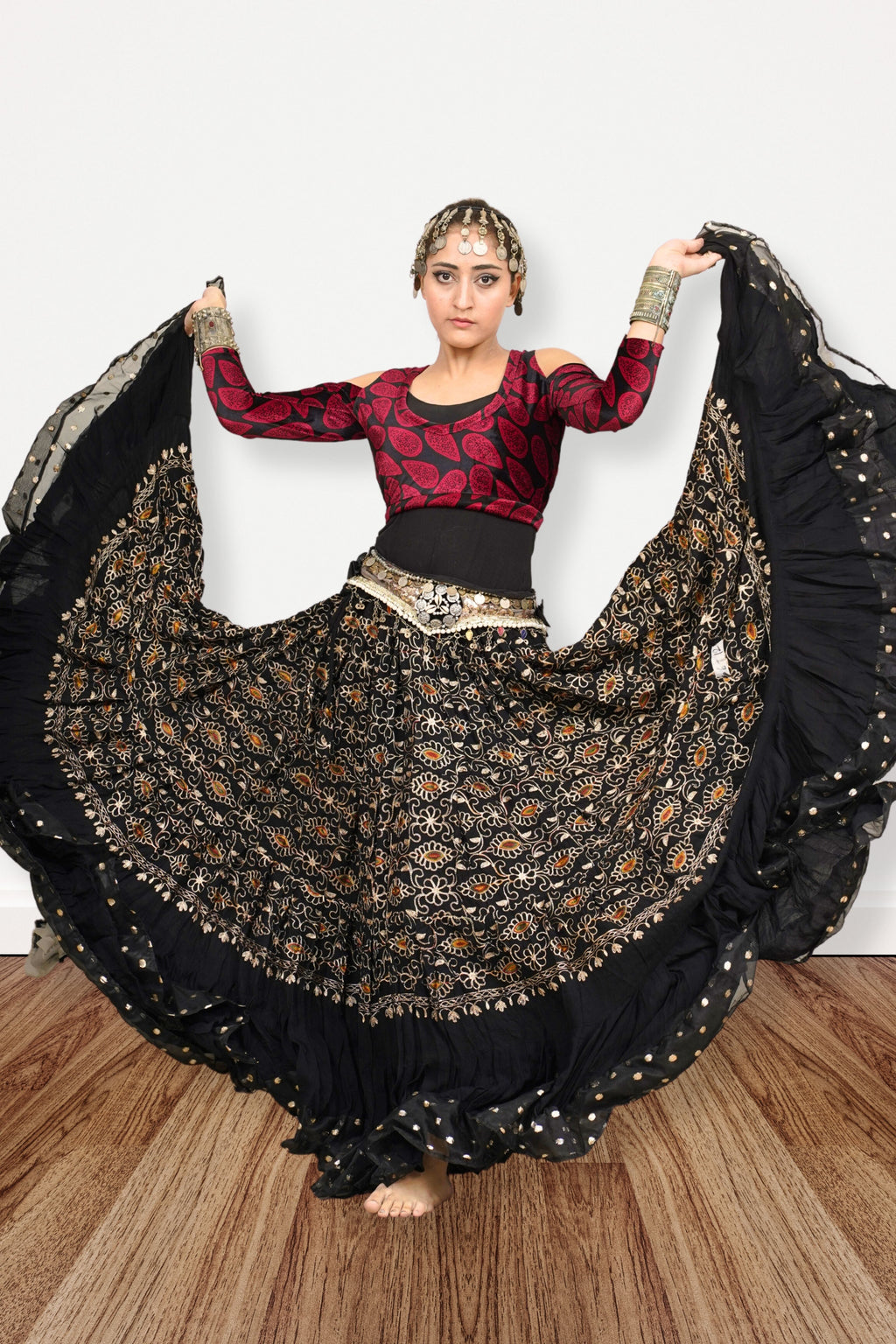 Black embroidery skirt with gold bindi border WLS