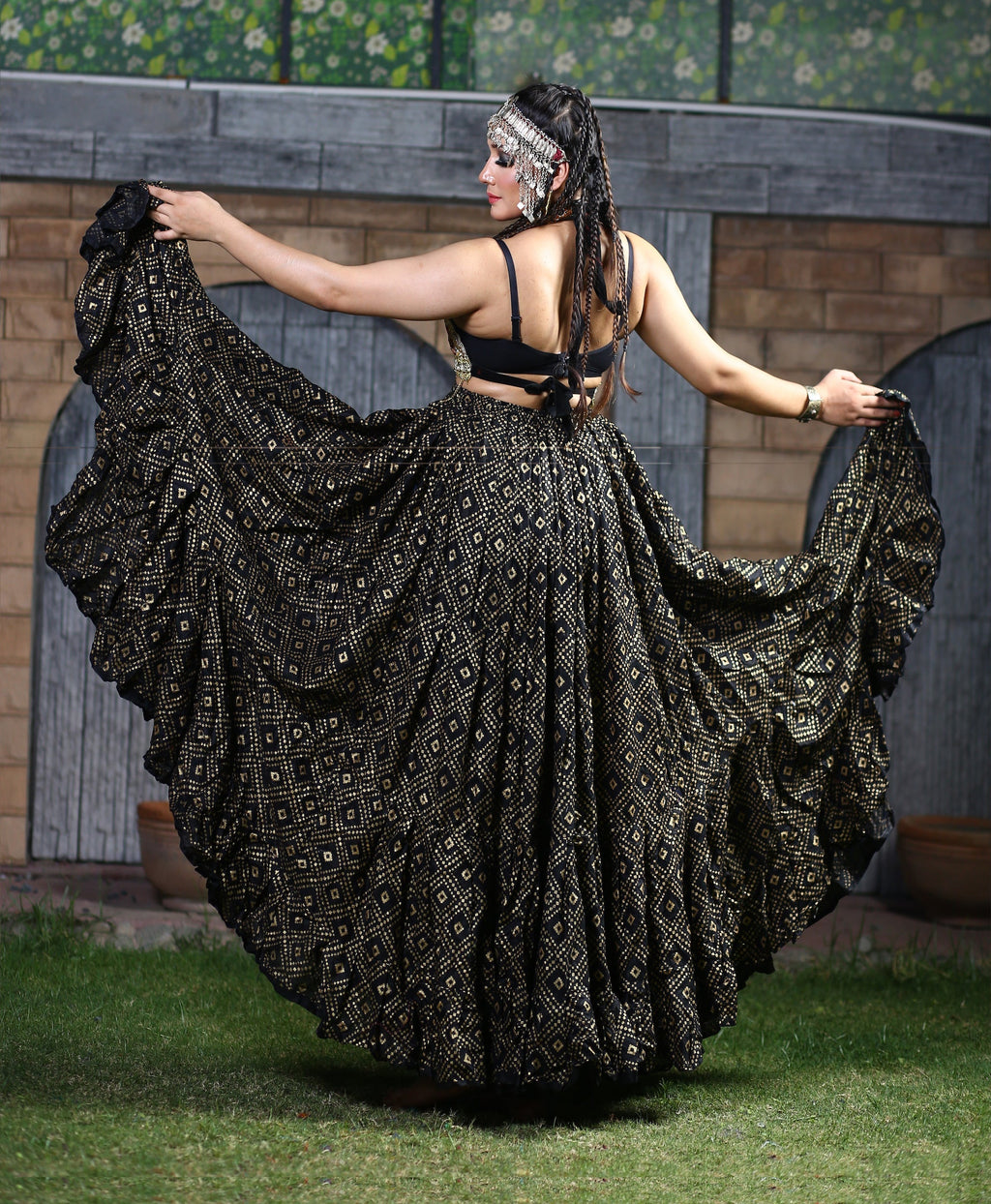 Block print skirt geometric pattern design black/gold WLS