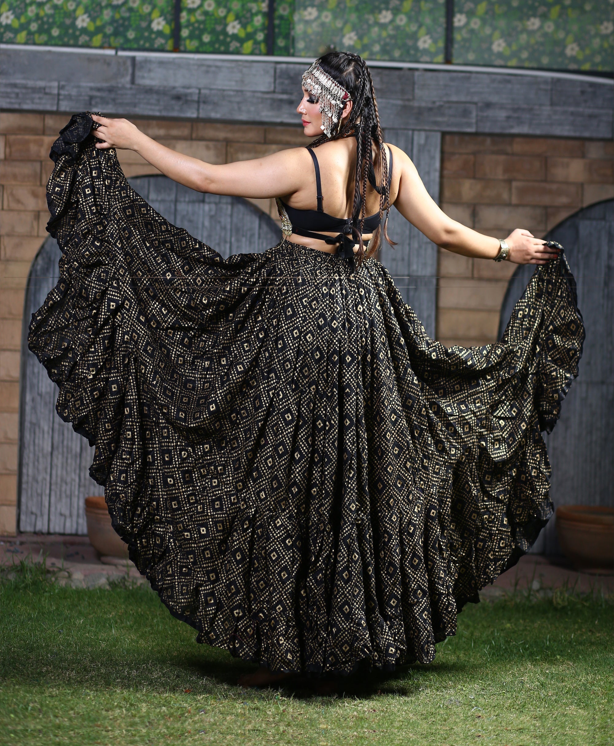 Block print skirt geometric pattern design black/gold WLS