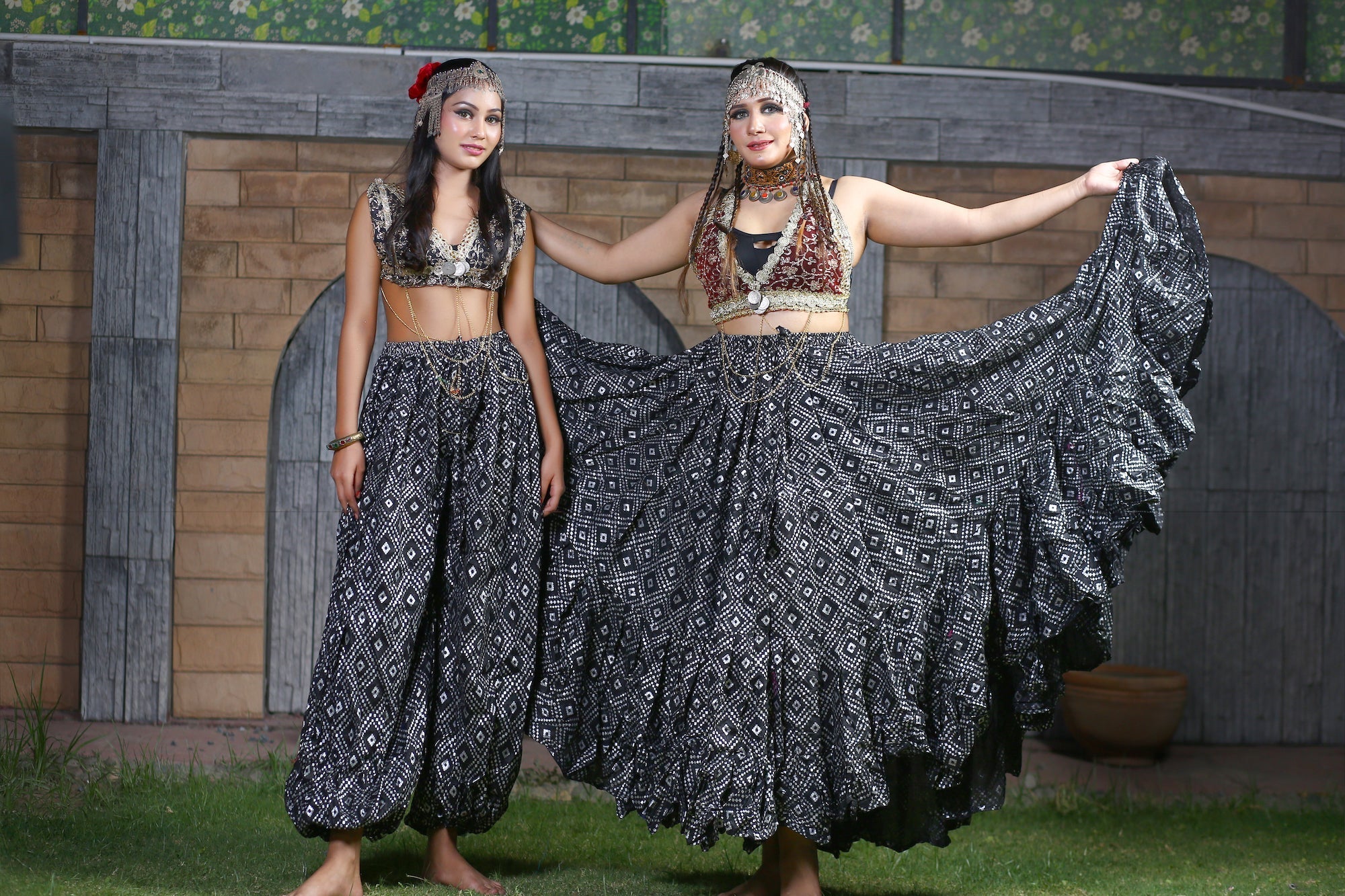 Block print skirt geometric pattern design black/silver WLS