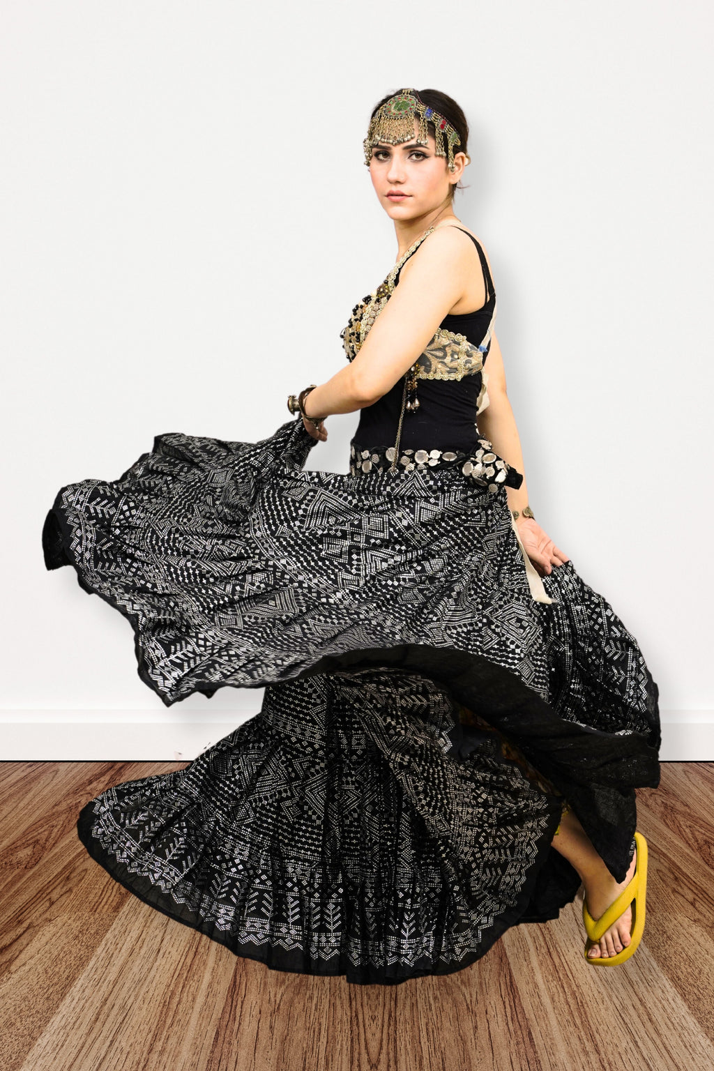 Block print Assuit pattern skirt black/silver foil printing WLS