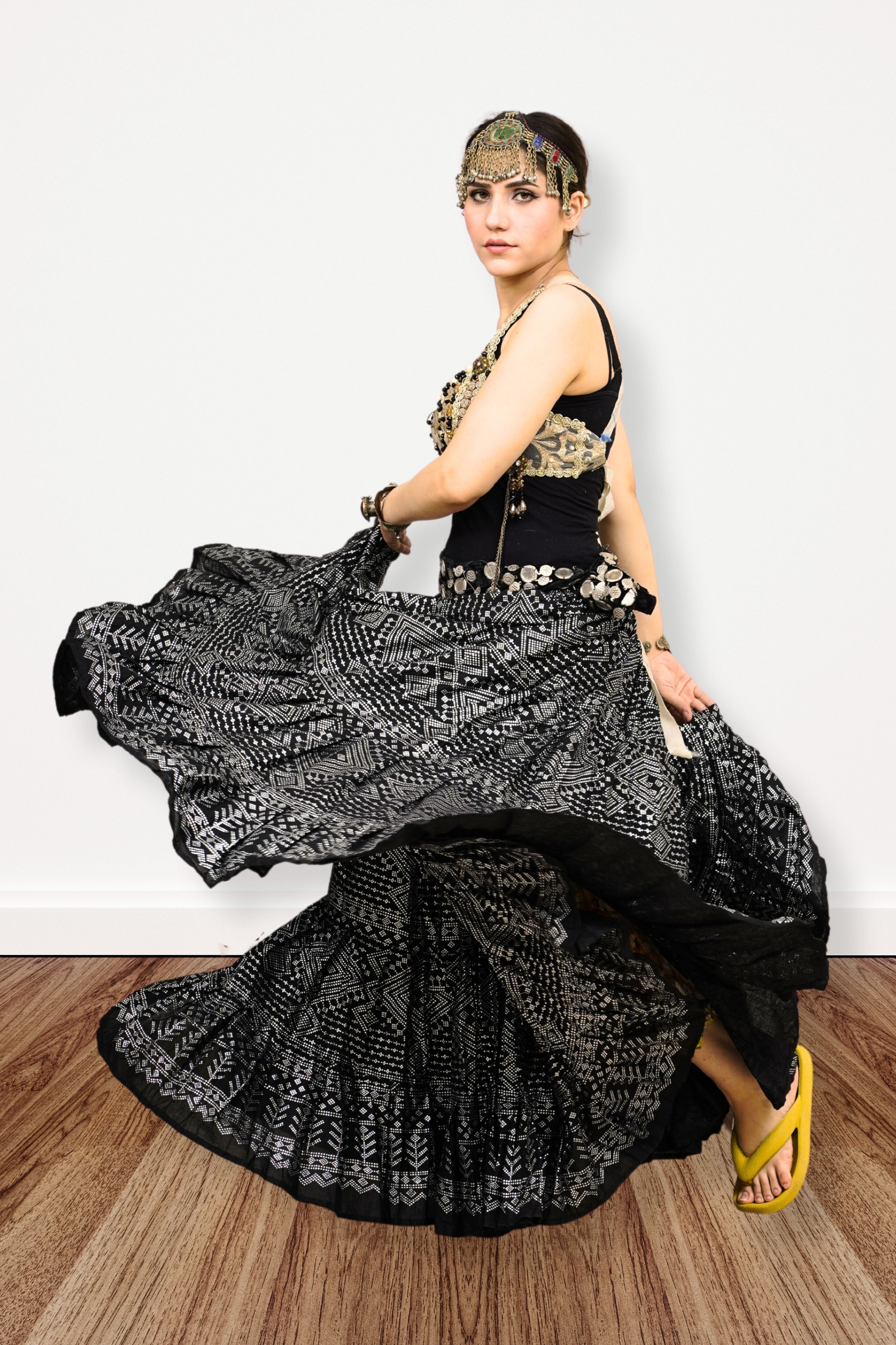 Block print Assuit pattern skirt black/silver foil printing WLS