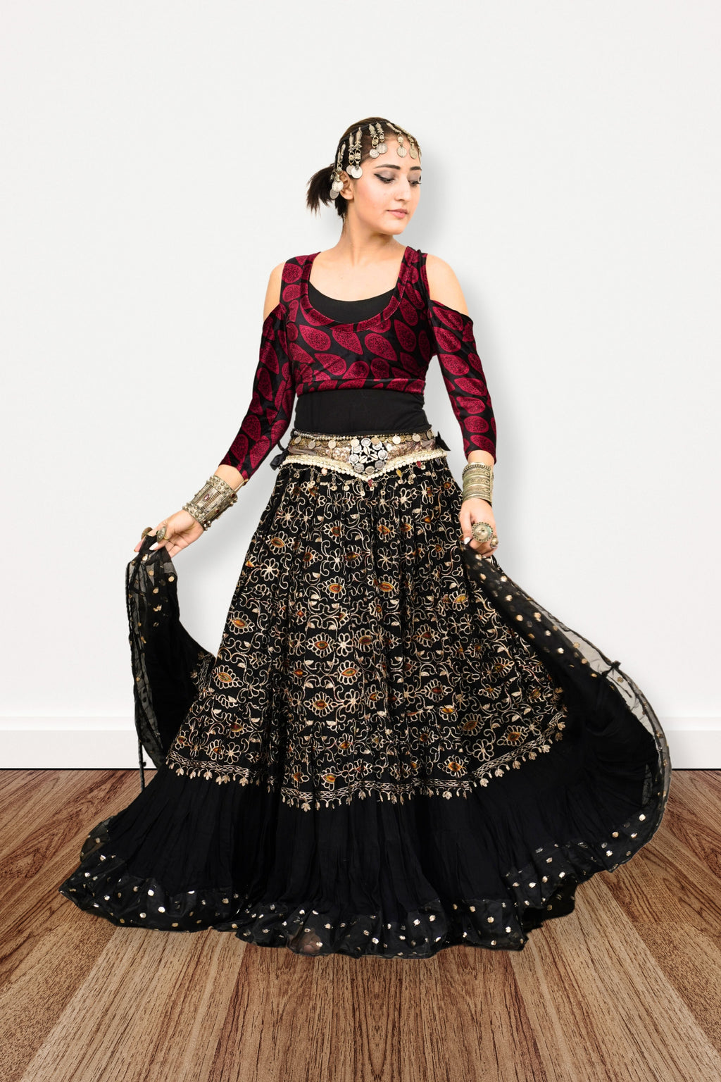 Black embroidery skirt with gold bindi border WLS