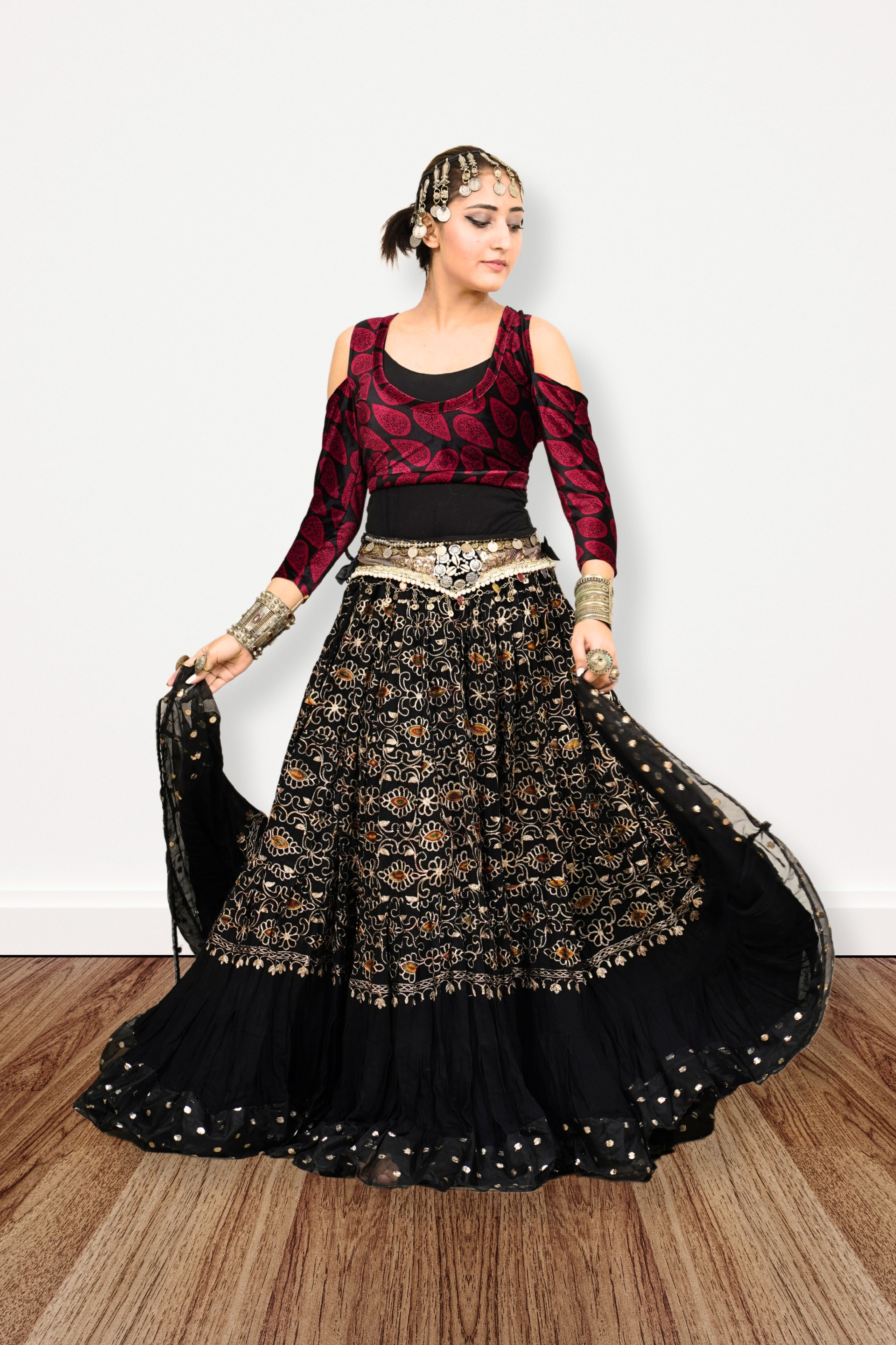 Black embroidery skirt with gold bindi border WLS