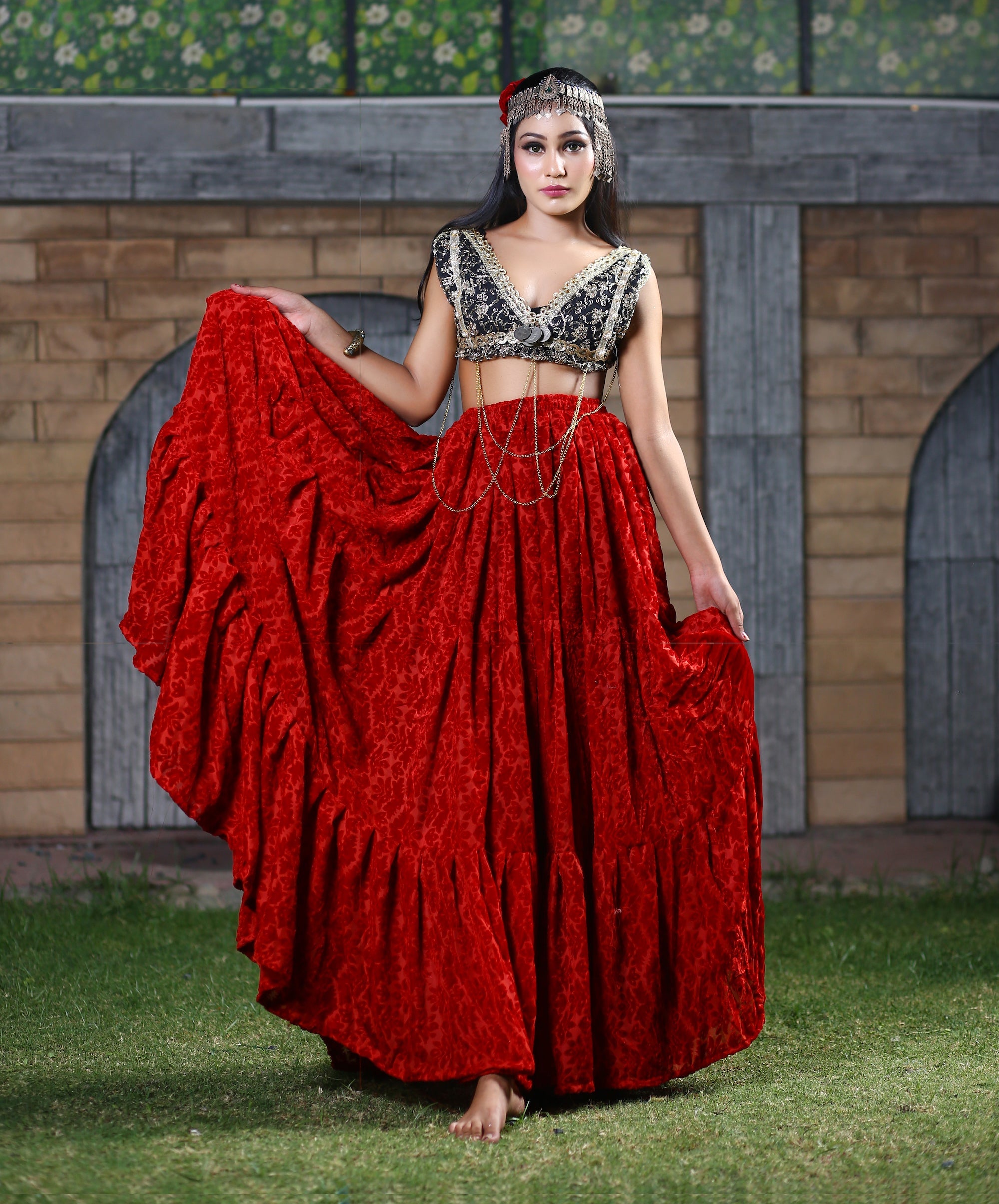 Burnout Velvet Skirt Red