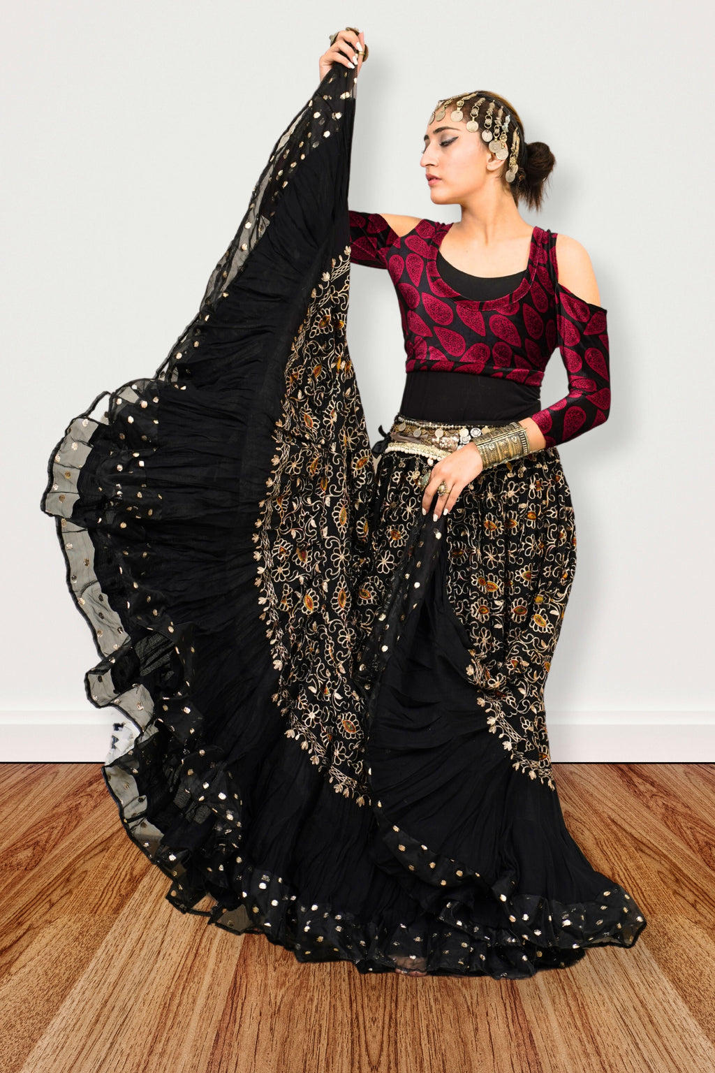 Black embroidery skirt with gold bindi border WLS