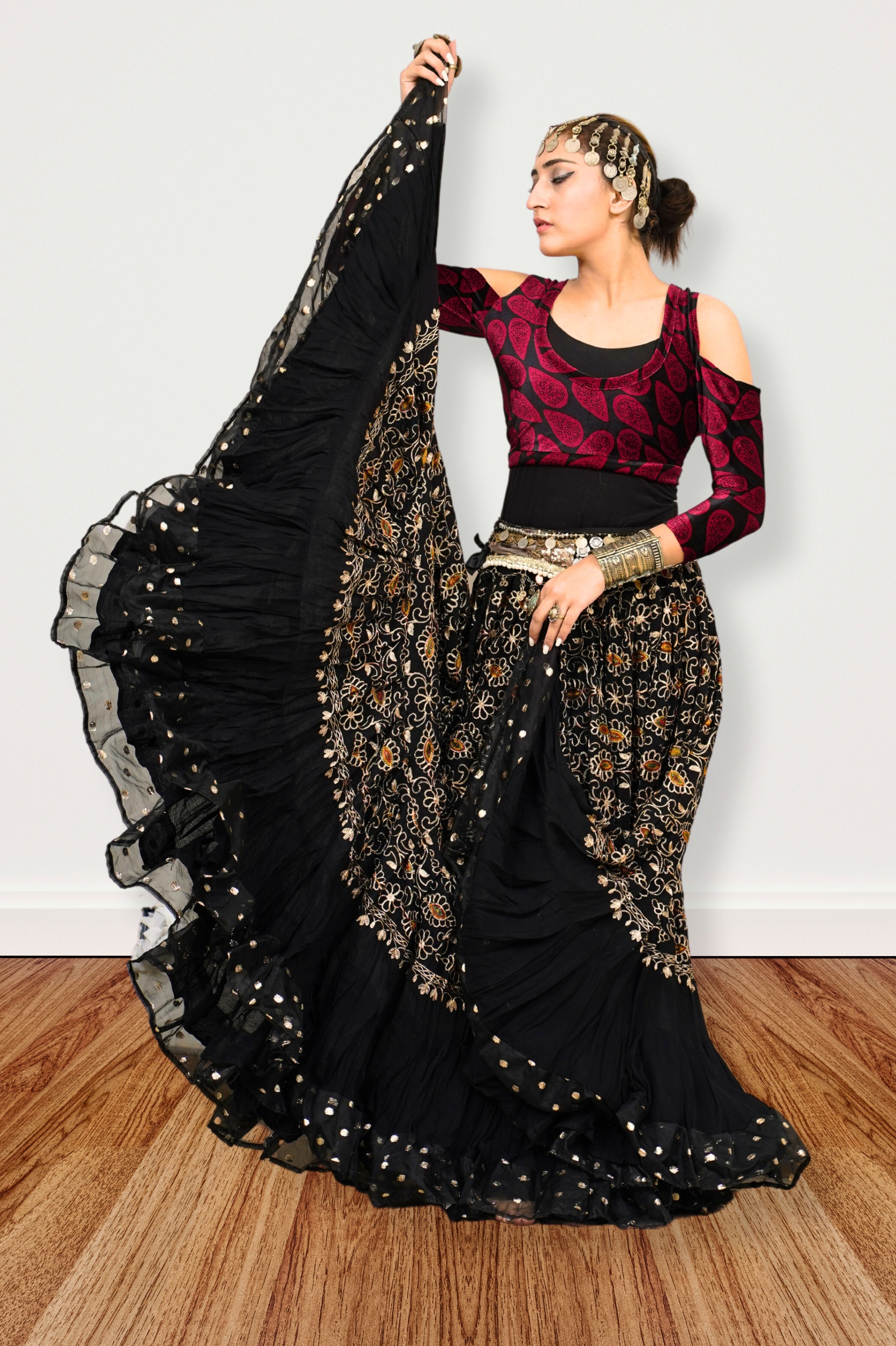 Black embroidery skirt with gold bindi border WLS