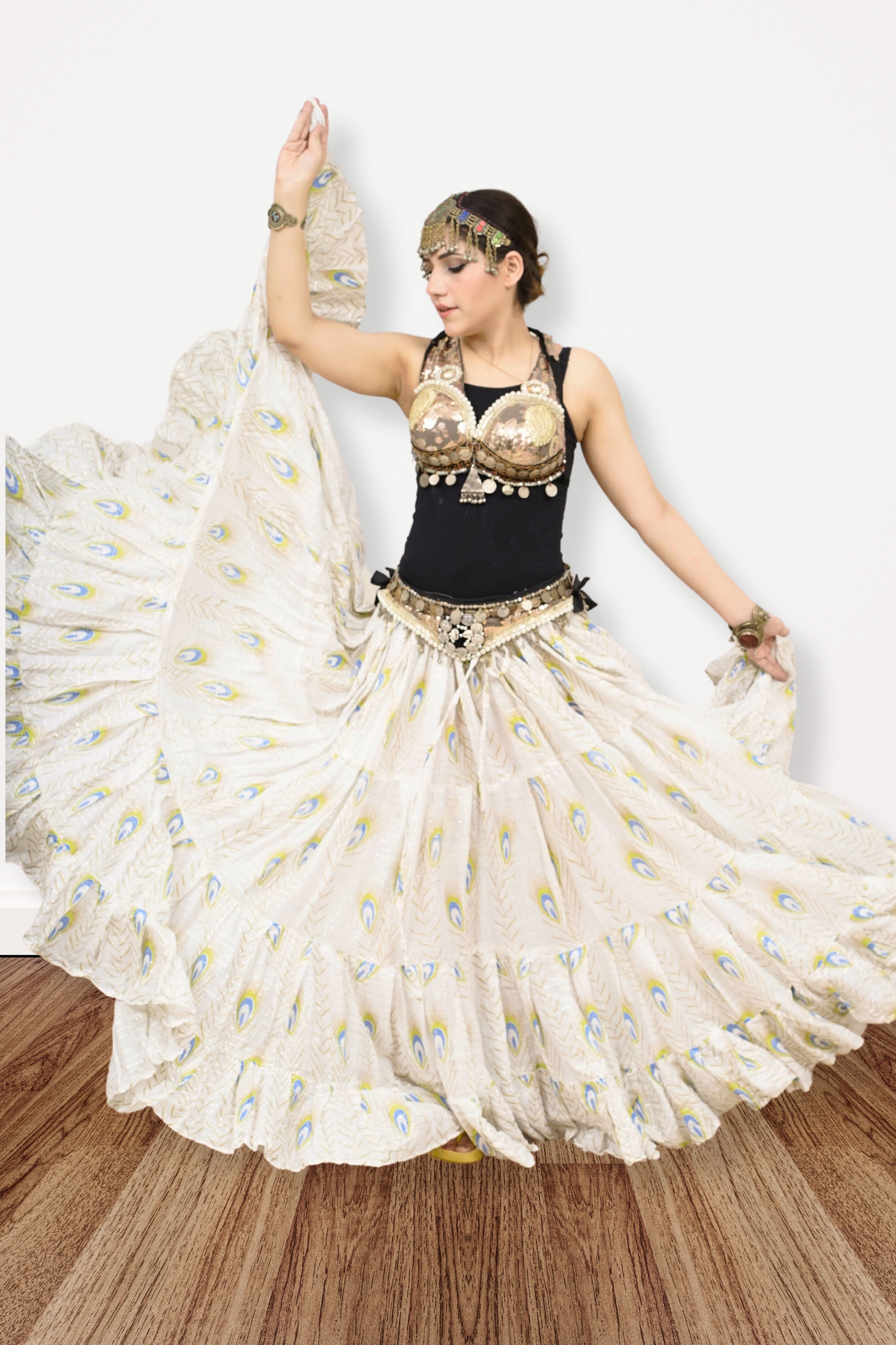Block print peacock skirt ivory WLS