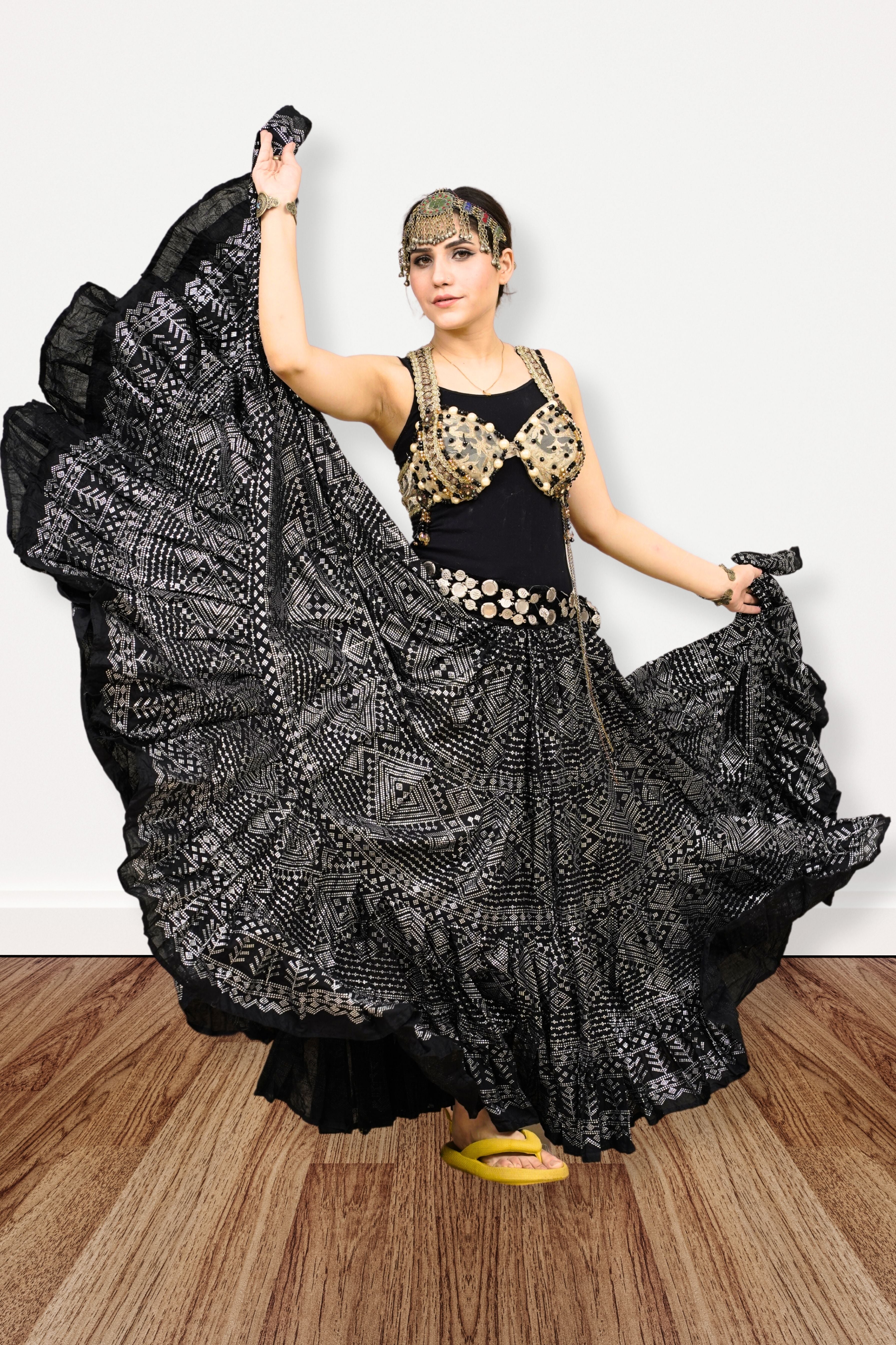 Block print Assuit pattern skirt black/silver foil printing