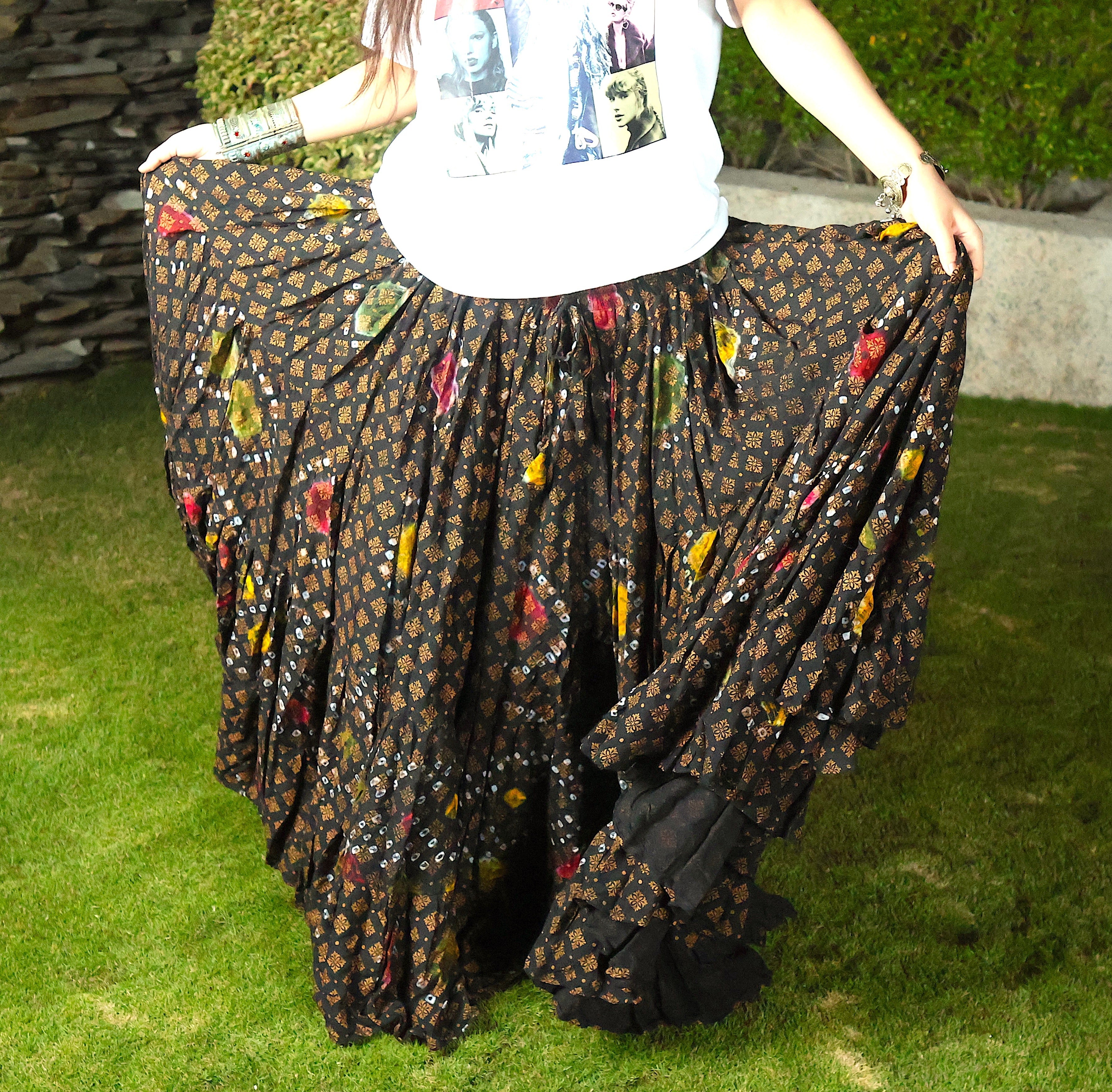 Block print Jaipur multi dot skirt black