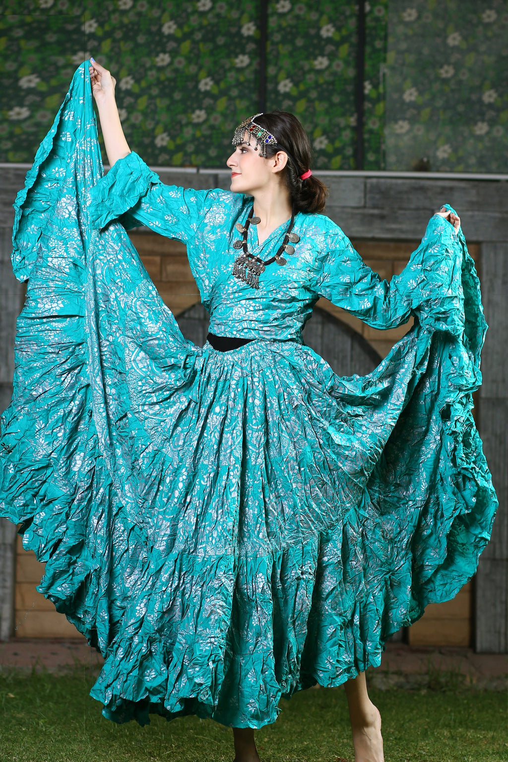 Block print skirt turqouise with Silver Design WLS