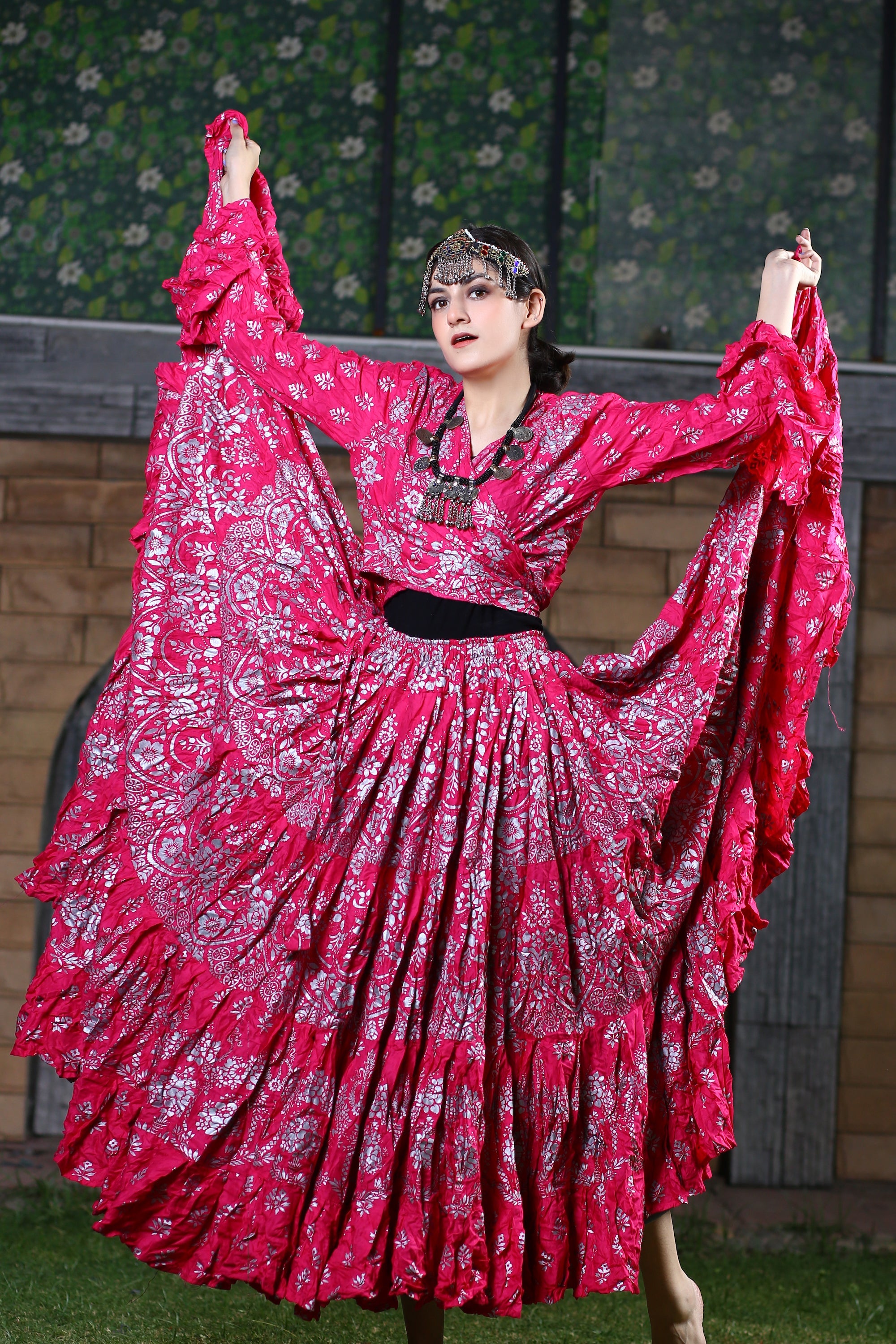 Block print Oriental Border Choli/halter top Pink/Silver