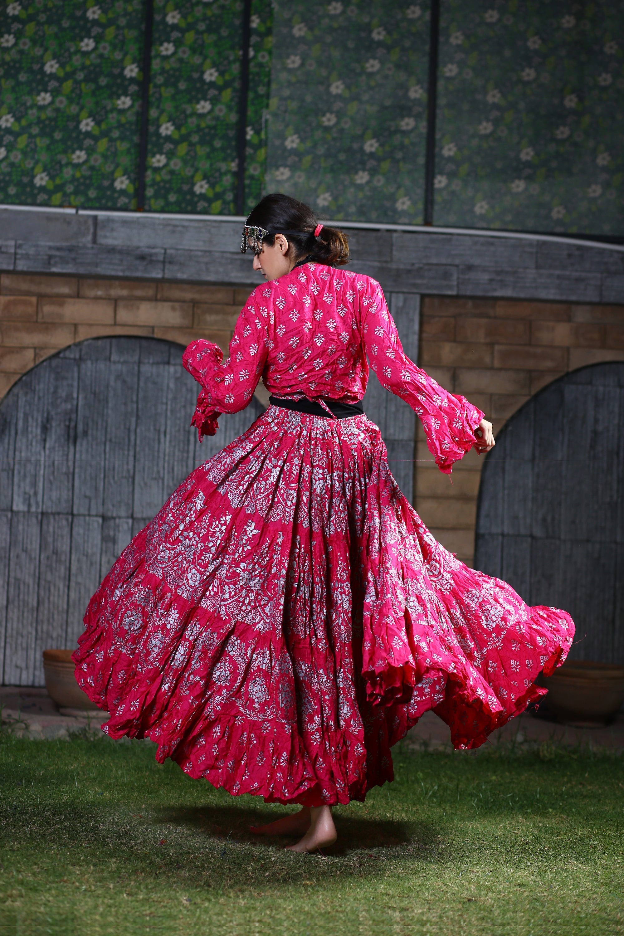 Block print skirt Pink with Silver Design