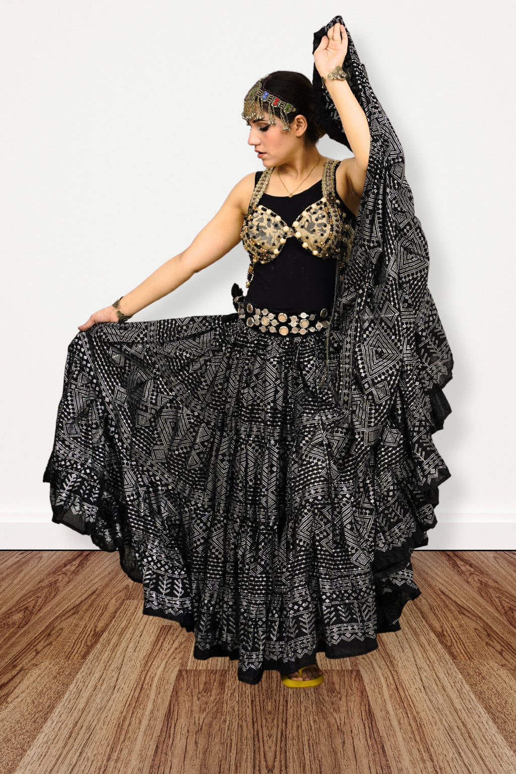 Block print Assuit pattern skirt black/silver foil printing WLS