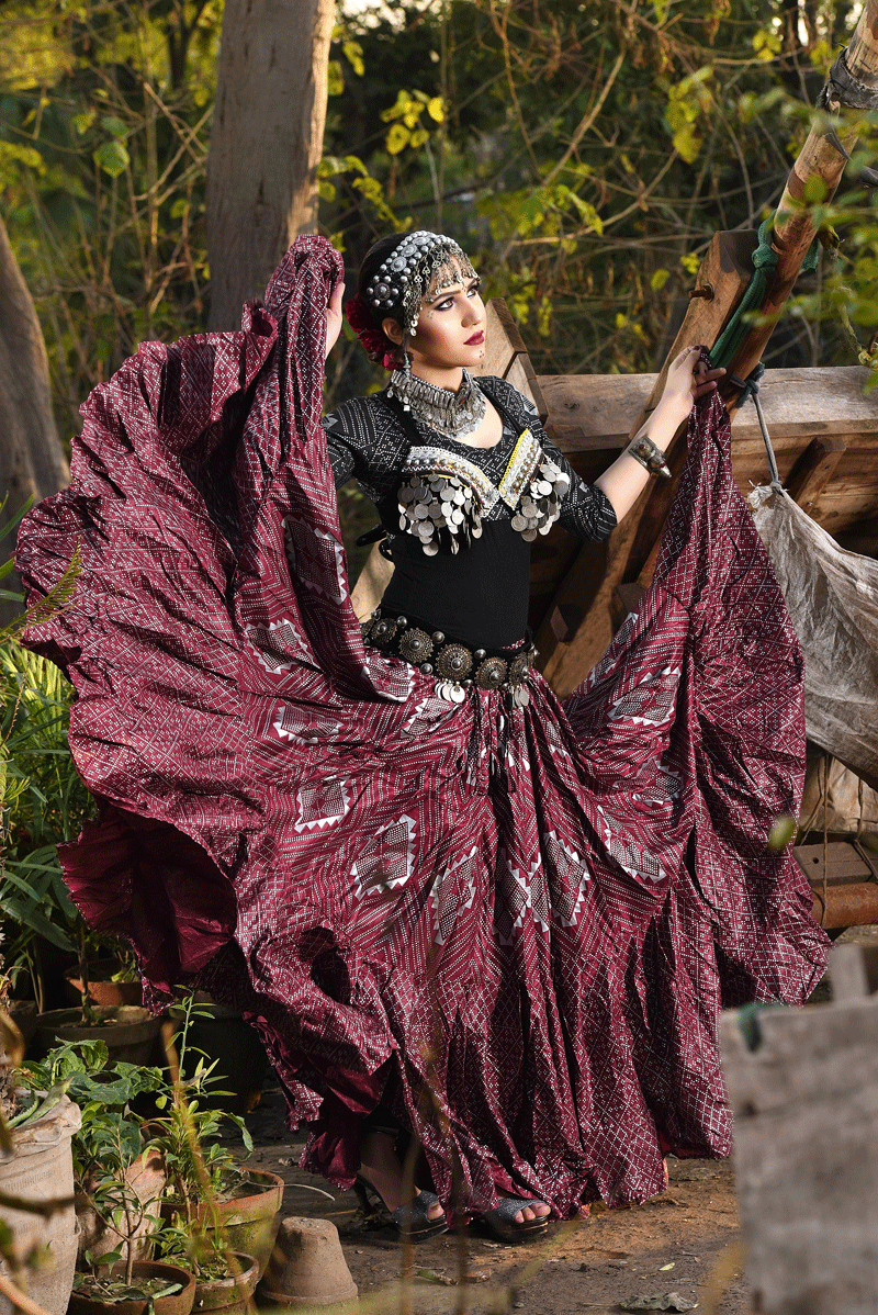 Block print Assuit pattern skirt burgundy/silver Design#1 WLS