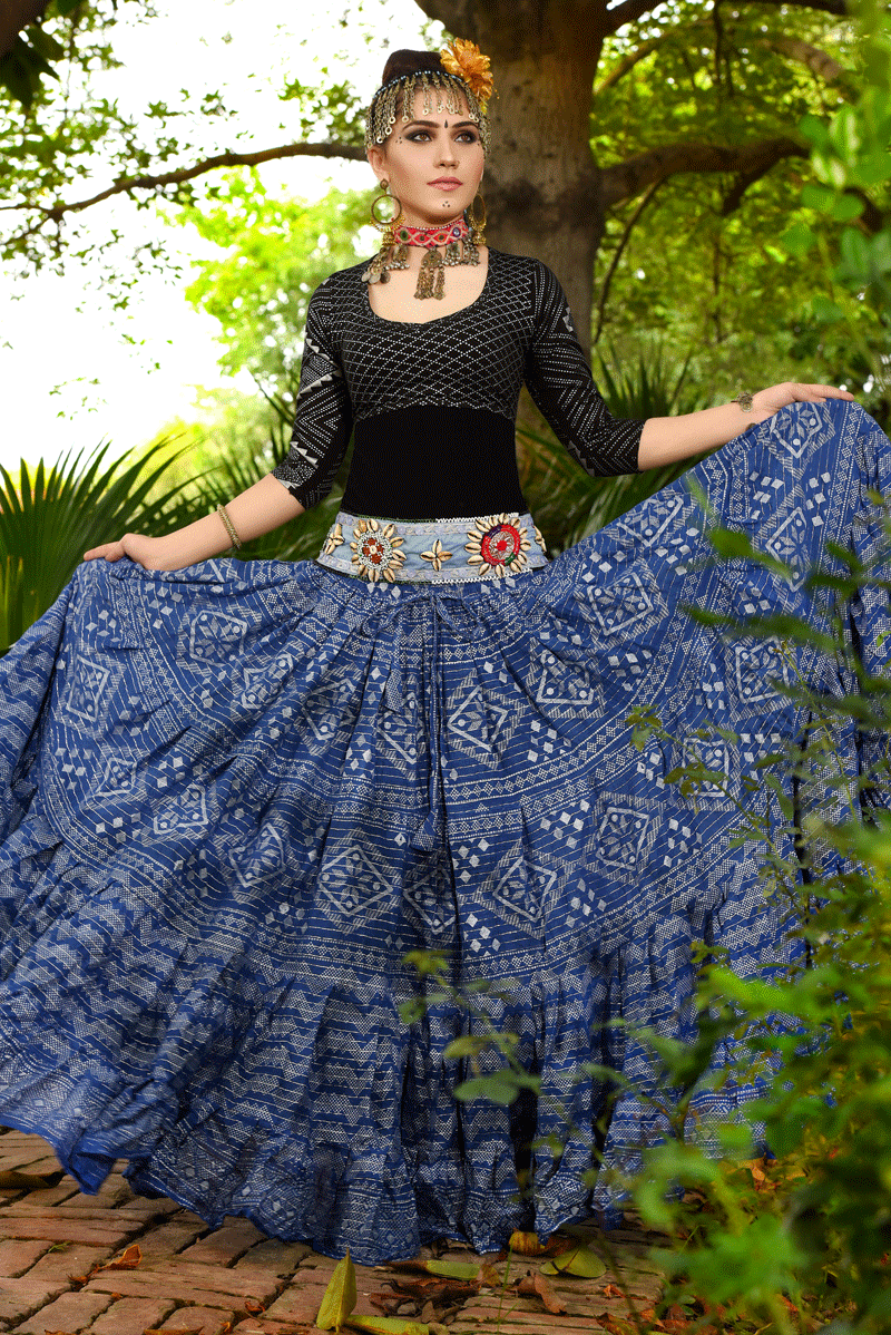 Block print lurex assuit skirt blue