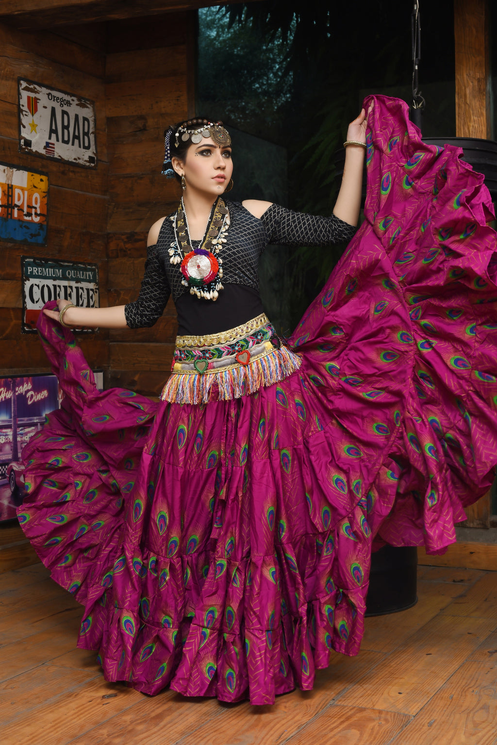 Block print peacock skirt magenta
