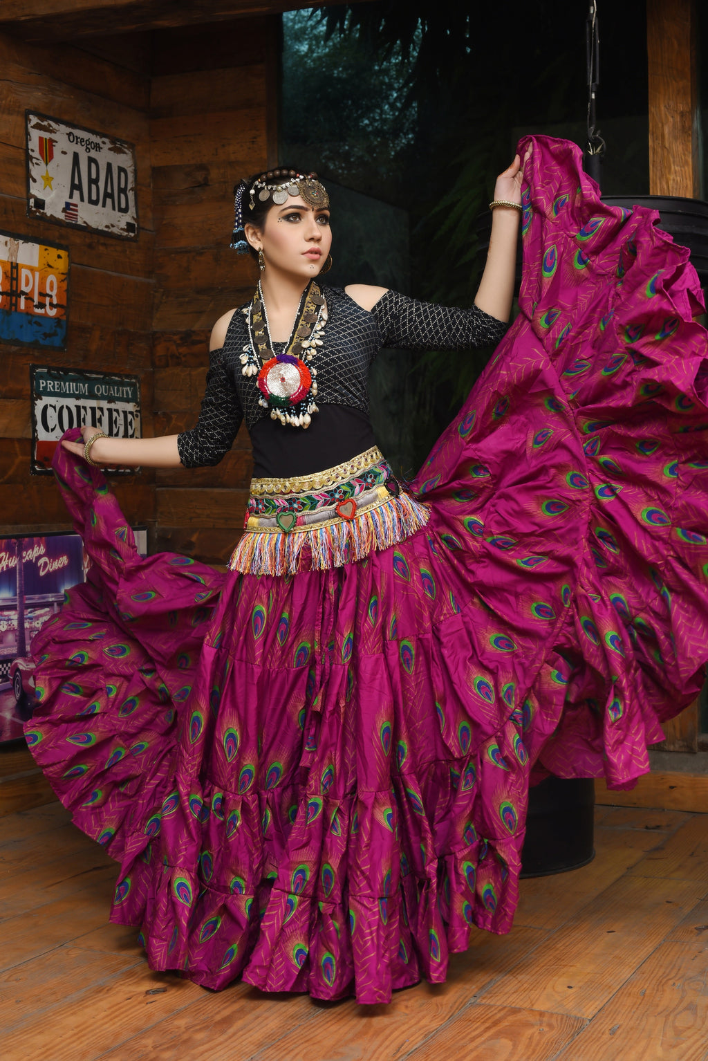 Block print peacock skirt magenta WLS