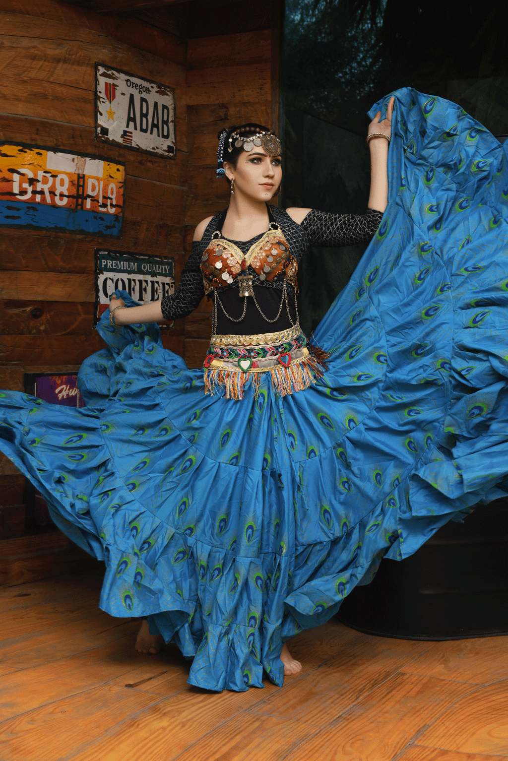 Block print peacock skirt turqouise